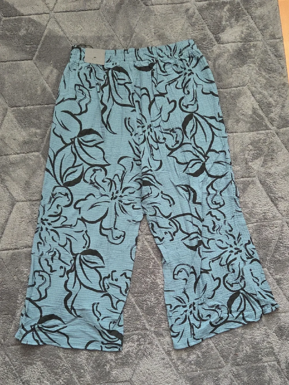 Royalty For Me Teal Blue Floral Split-Hem Wide-Leg 100% Cotton Pants Size Large
